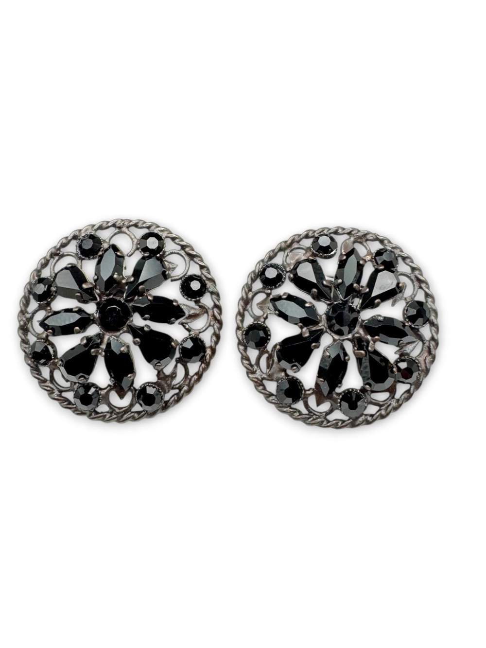 Vintage Art Deco Blackened Brass & Jet Glass Rhinestone Clip On Earrings